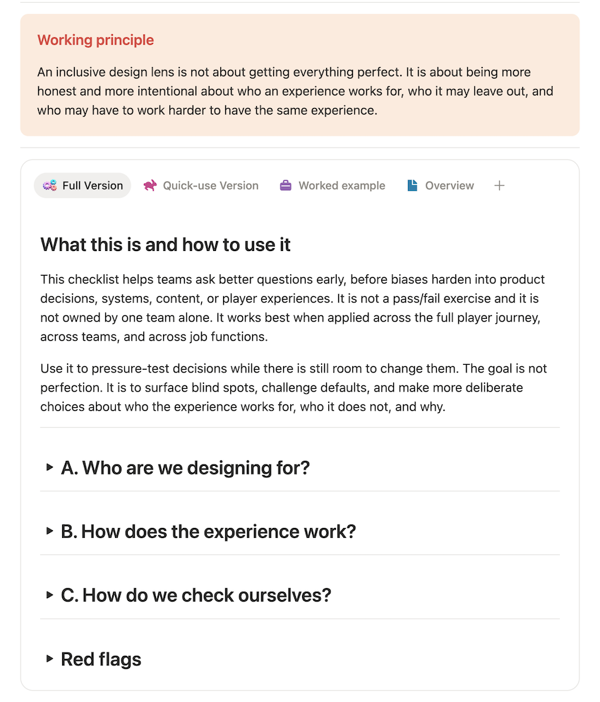 The Inclusive Design Lens in Notion, showing its working principle and tabbed structure: Full Version, Quick-use Version, Worked example, and Overview, with the full version's three sections (who are we designing for, how does the experience work, how do we check ourselves) and red flags.